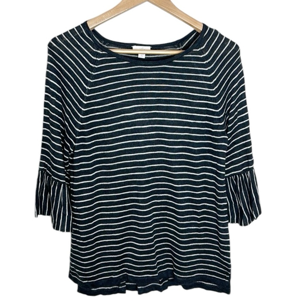 J.Jill Linen blend bell sleeve navy blue and white stripes light sweater Size M